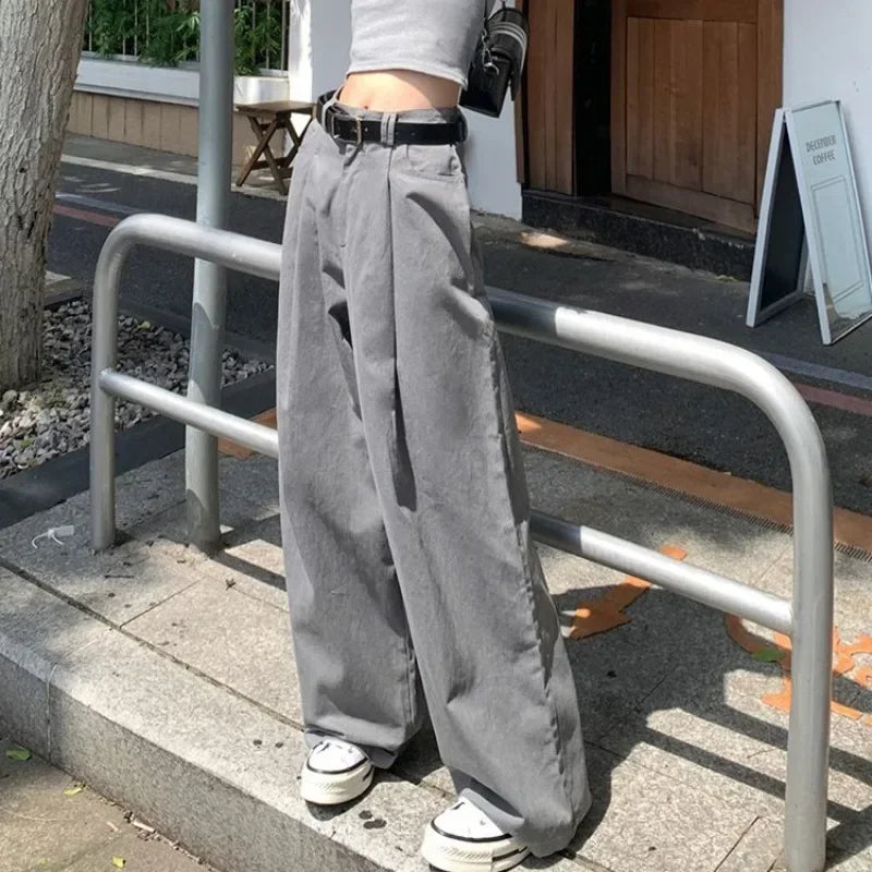 Gray Vintage Suit Pants for Women Oversized Elegant Korean Fashion Slack Classic Trousers Office Ladies Palazzo Loose
