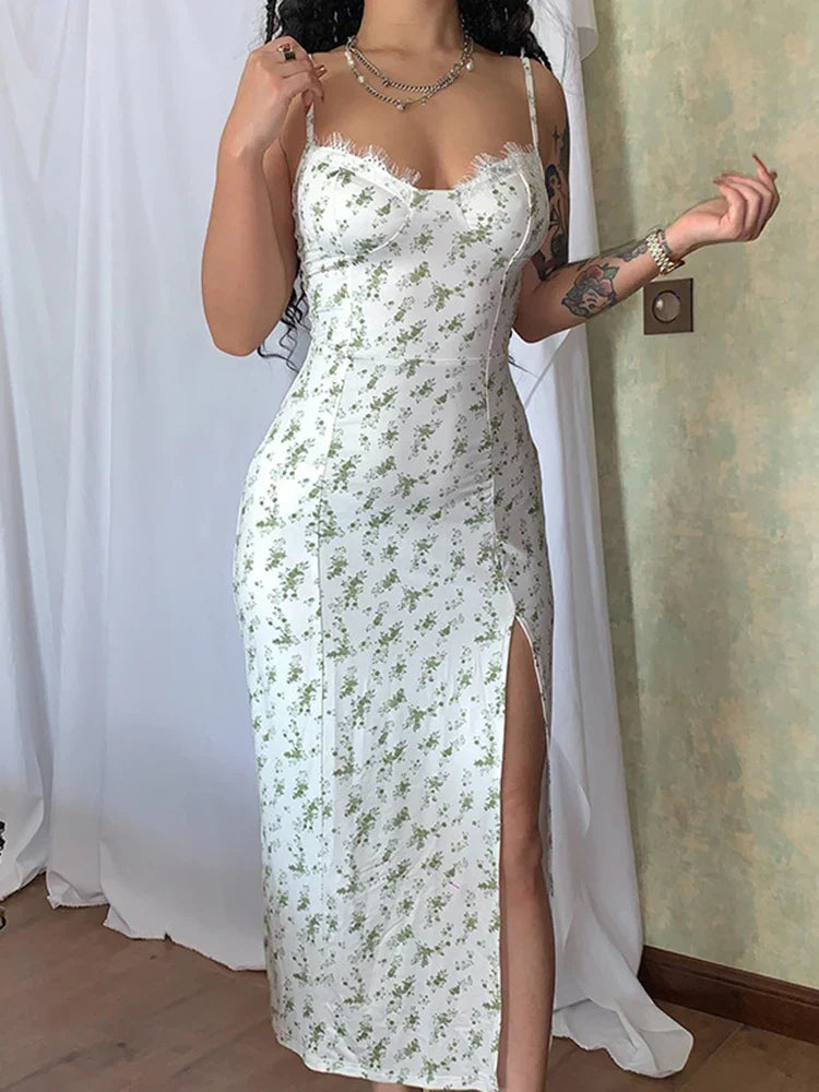 Floral Lace Trim Bustier Low Back Spaghetti Strap Midi Dress