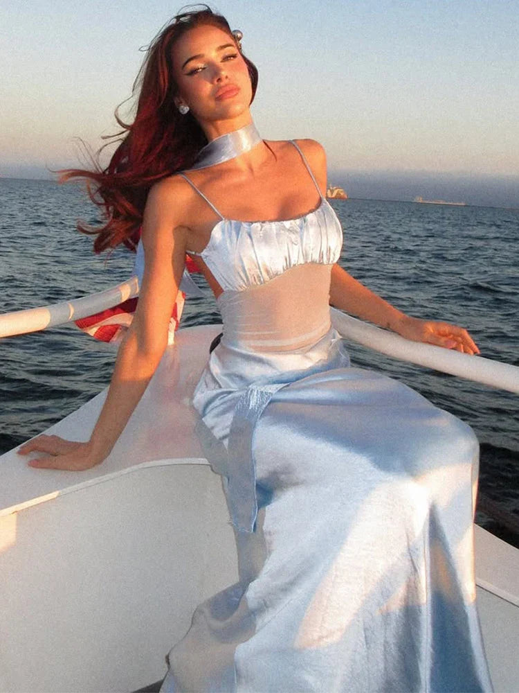 Vacaiton Beach Satin Dress Women 2025 Fashion Mesh Patchwork Sleeveless Ruffle Long Dresses Sexy Backless Party Dress