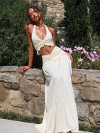 Ruched Halter Backless Ruffle Waist Two Piece Skirt Set