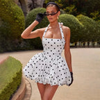 Polka Dot Square Neck Halter Puff Skirt Mini Dress