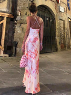 Tie-Dye Print Cowl Neck Spaghetti Strap Slip Maxi Dress