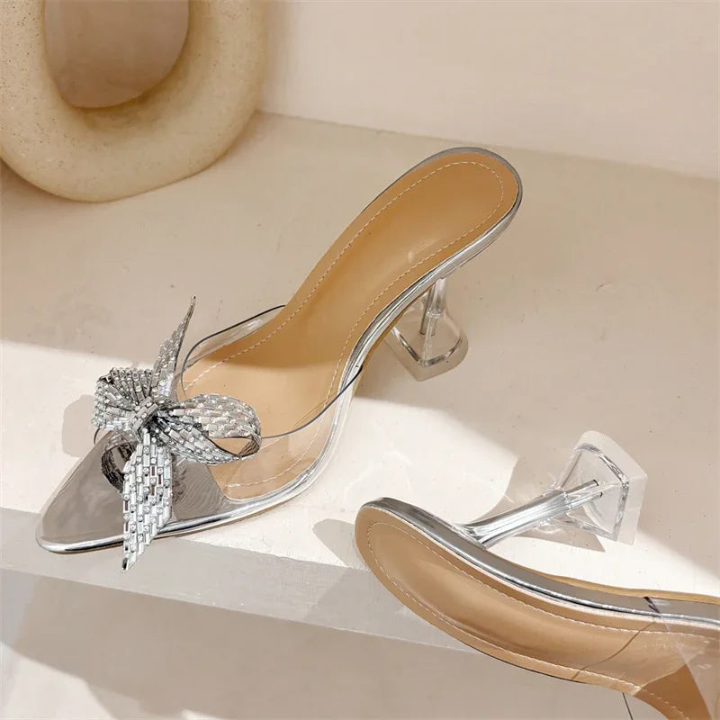 Glitter Crystal Peep Toe Women Slippers with Transparent High Heels