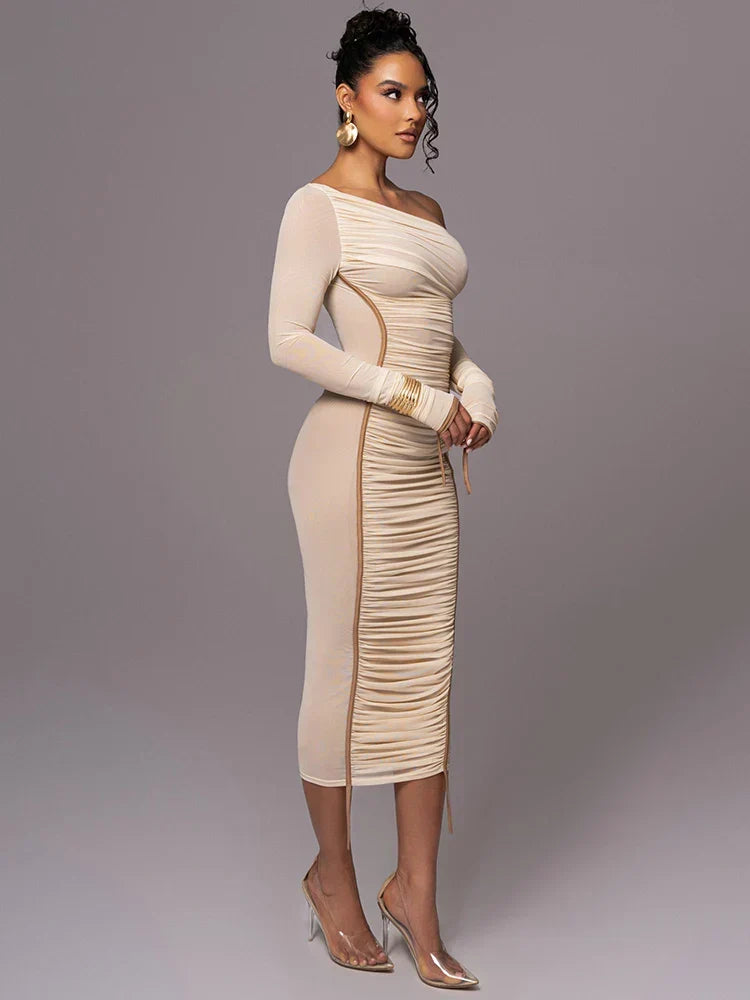 Asymmetric Off Shoulder Ruched Panel Bodycon Midi Dress