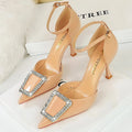 Rhinestone Women Pumps in Patent Leather with High Kitten Heels and Pointed Hollow Design