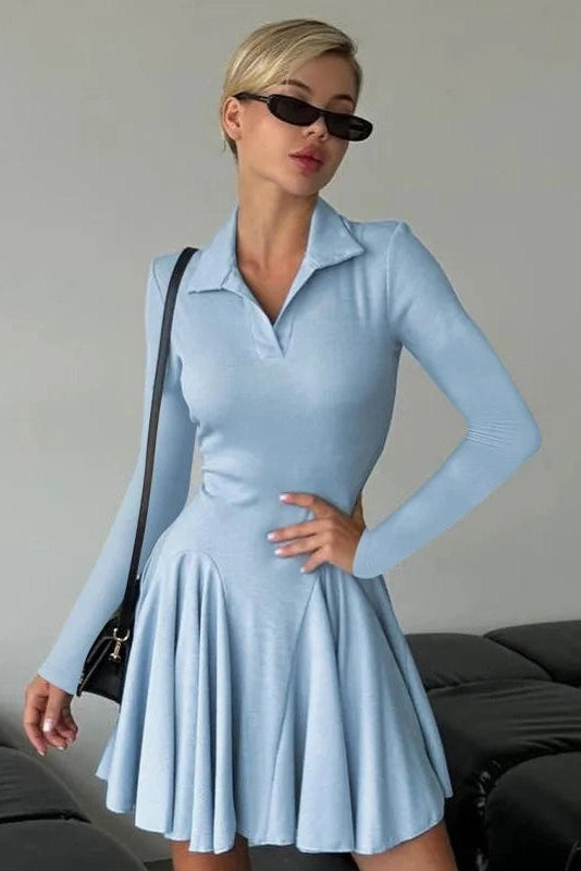Elegant High Waisted Long Sleeve A-Line Mini Dress