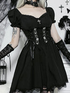 Gothic Lolita Lace Up Corset Embroidery Puff Sleeve Lace Hem Mini Dress