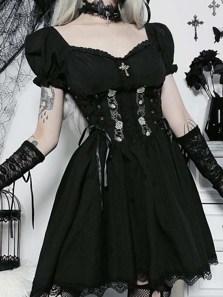 Gothic Lolita Lace Up Corset Embroidery Puff Sleeve Lace Hem Mini Dress