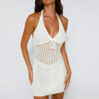 Crochet Knit Halter Neck Deep V-Neck Hollow Out Tie Front Bodycon Mini Dress