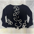Elegant Slim Ruffle Lace Up Blouse Women Vintage Patchwork Hollow Out Short Cardigan Female Autumn Fashion Street Knitwear