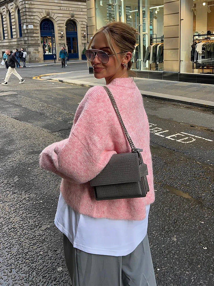 Casual Oversize Pink Women's Cashmere Base Sweater Fashion Long Sleeve Solid Round Collar Pullover New Lady High Streetwear