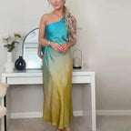 One Shoulder Ombre Gradient Satin Bodycon Maxi Dress