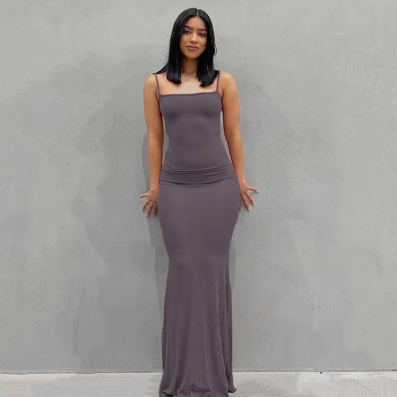 Ribbed Knit Spaghetti Strap Scoop Neck Mermaid Hem Maxi Dress