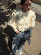 Retro Solid Stand Collar Short Shirt Women Elegant Single Breasted Puffy Sleeve Shirts Coat Lady Versatile Chic Streetwear
