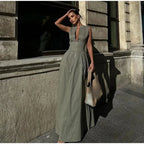 Sleeveless Spliced Zipper V-Neck Pleated Work Dress