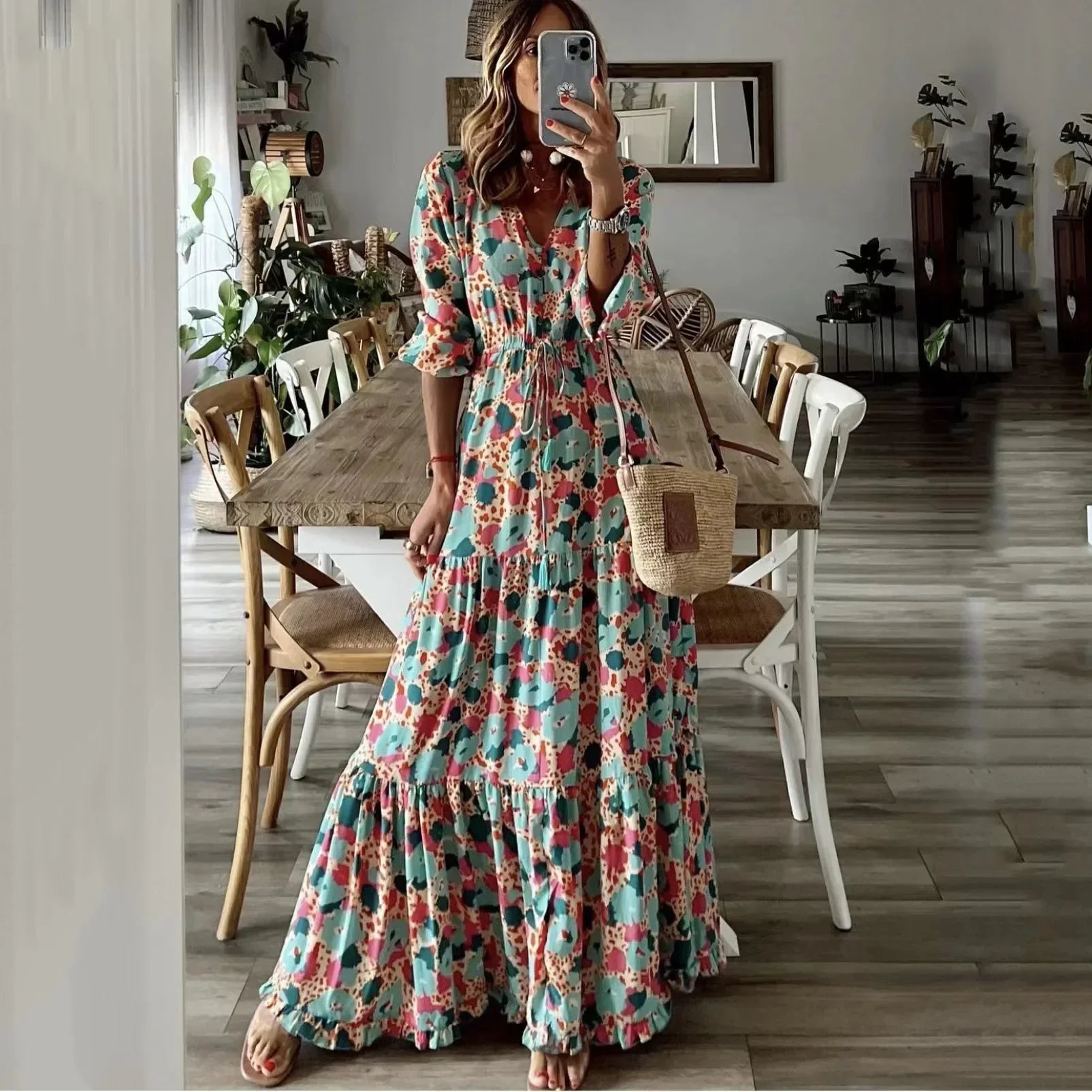 Deep V-Neck Drawstring Waist Tiered Ruffle Abstract Print Maxi Dress