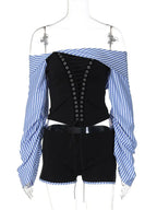 Fashion Chic Women Long Sleeve Striped Long Sleeve Corset Shirts + Shorts 2 Piece Sets High Street Tunics Bandage Female Suit