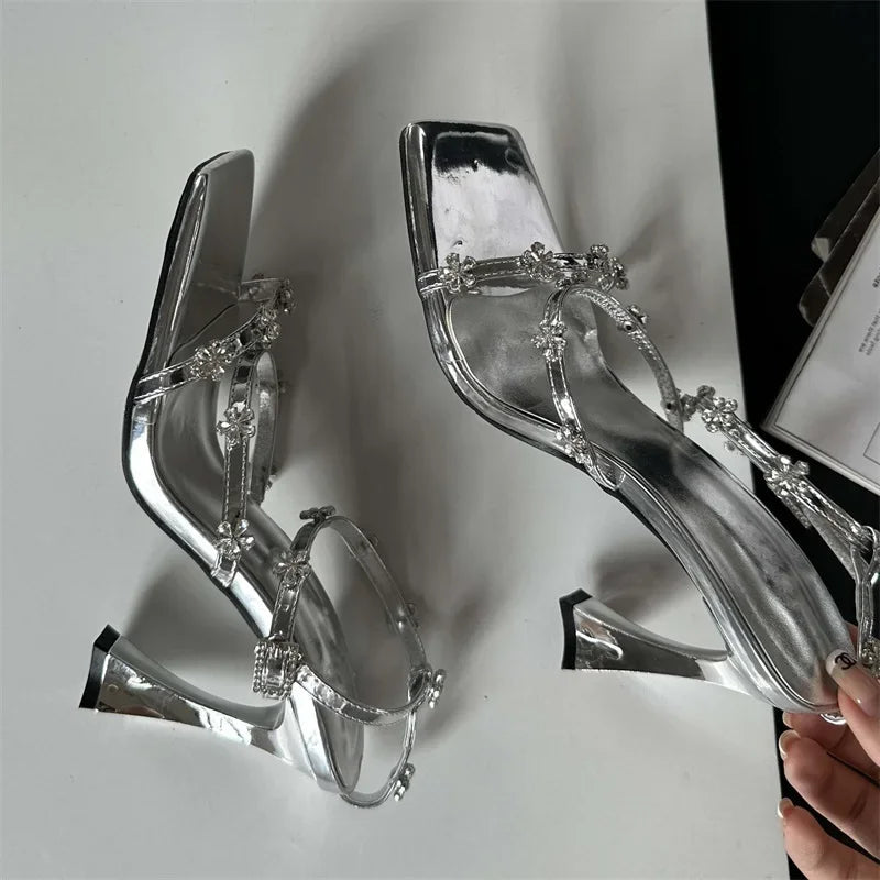 Crystal Buckle Strap Sandals Womens High Heels Shoes