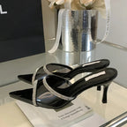 Crystal PVC Transparent Pointed Toe Women Slippers Thin Heels Sandals