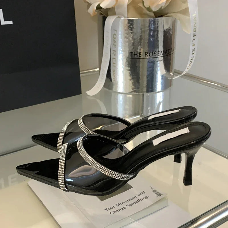 Crystal PVC Transparent Pointed Toe Women Slippers Thin Heels Sandals