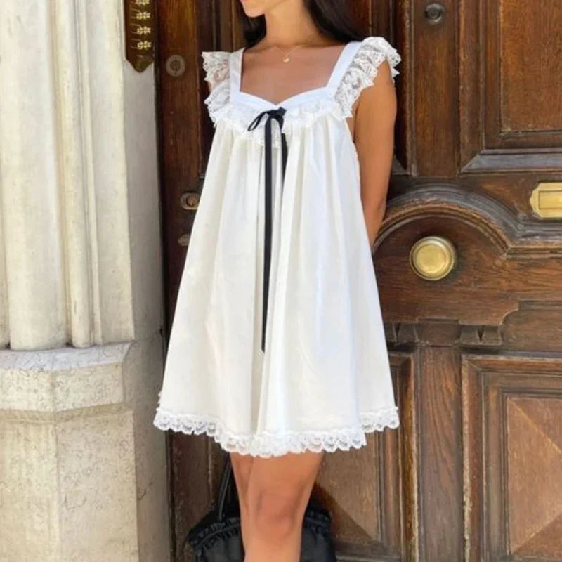 Square Neck Lace Ruffle Bow Trim Babydoll Mini Dress