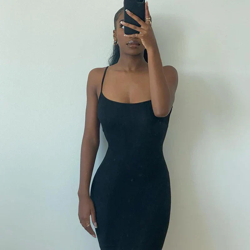 Spaghetti Strap Scoop Neck Ribbed Bodycon Floor Length Maxi Dress