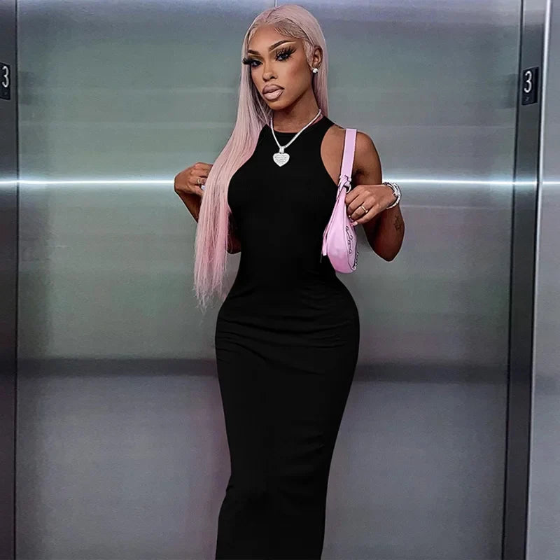 Crew Neck Sleeveless Ribbed Bodycon Maxi Dress