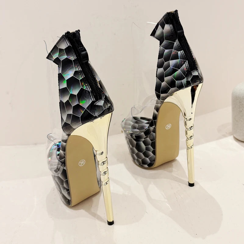 PVC Transparent Peep Toe Platform Sandals with Stiletto Heels for Women