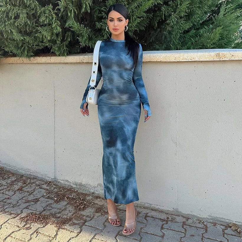 Crew Neck Long Sleeve Abstract Marble Print Bodycon Maxi Dress