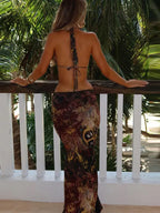 Halter Metal Ring Side Cut Out Abstract Print Maxi Dress