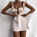 Square Neck Ruffle Strap Button Front Keyhole Cutout A-Line Mini Dress