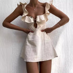 Square Neck Ruffle Strap Button Front Keyhole Cutout A-Line Mini Dress