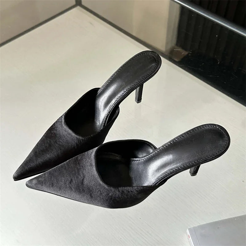 Spring Satins Pointed Toe Slippers Woman Thin Heels
