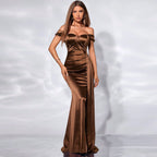 Off Shoulder Sweetheart Ruched Satin Draped Sash High Slit Mermaid Maxi Gown