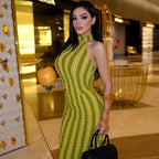 Striped Textured Rib Knit Halter Neck Bodycon Maxi Dress