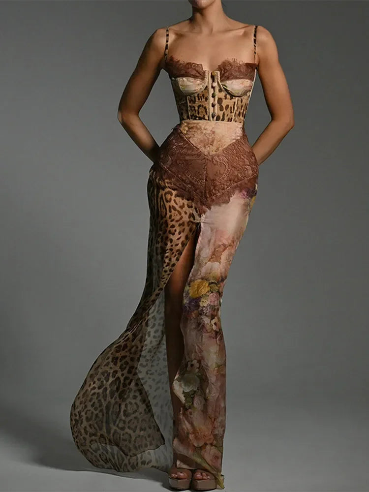 Lace Corset Bustier Patchwork Mesh High Slit Maxi Dress
