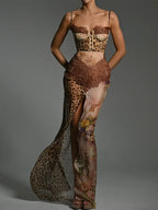 Lace Corset Bustier Patchwork Mesh High Slit Maxi Dress