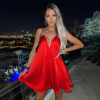 Rhinestone Strap Deep V-Neck Crisscross Satin Mini Dress