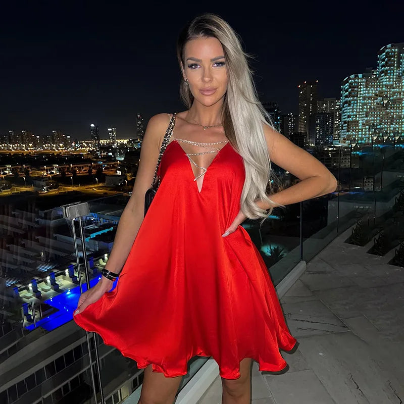 Rhinestone Strap Deep V-Neck Crisscross Satin Mini Dress