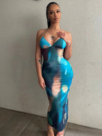 Marble Print Spaghetti Strap Deep V-Neck Bodycon Midi Dress