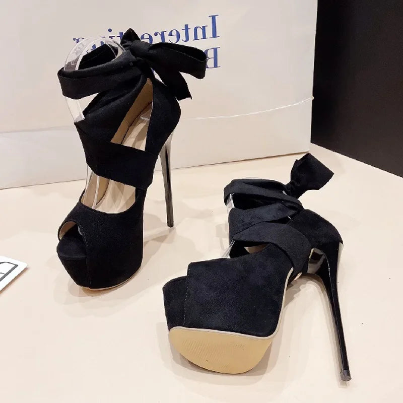 Ankle Cross-Strap Peep Toe Women Pumps with Platform and Extreme Thin High Heels