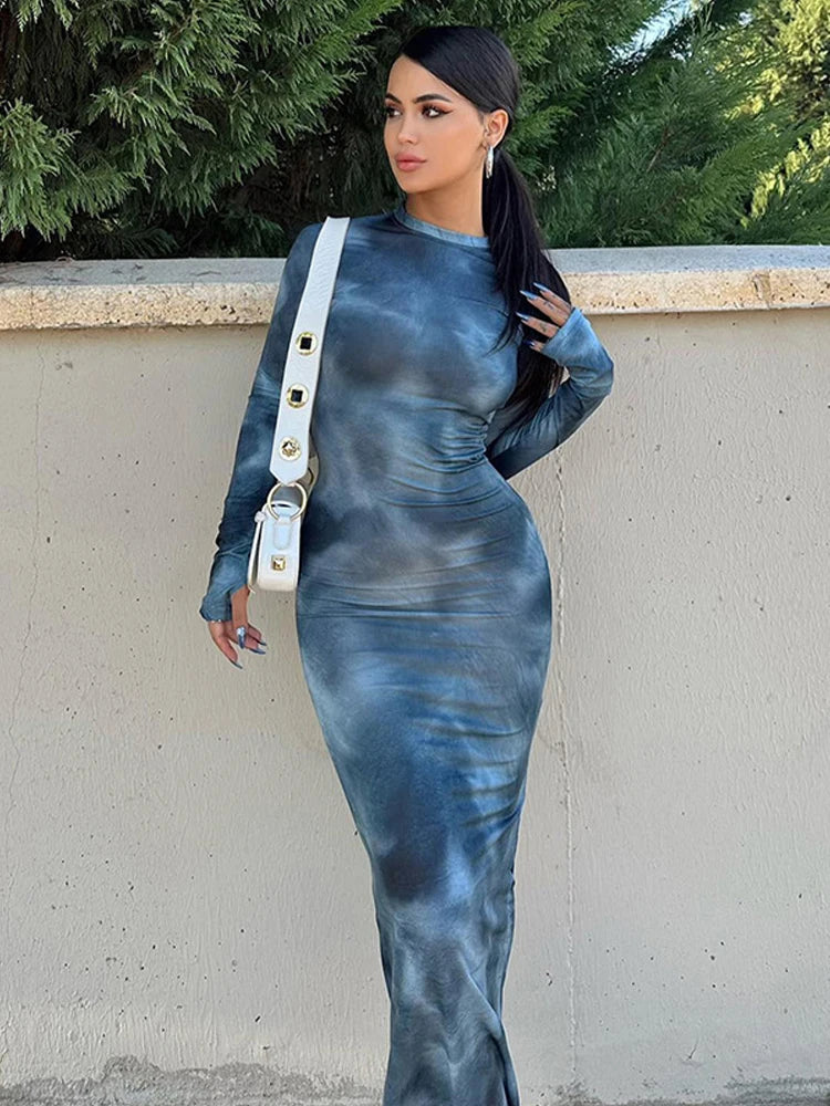 Crew Neck Long Sleeve Abstract Marble Print Bodycon Maxi Dress