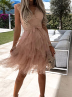 Floral Lace Deep V-Neck Bow Waist Tiered Tulle Skater Mini Dress