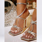 Narrow Band Buckle Strap Sandals with Square Toe and Thin High Heels for Women