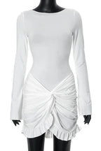 Long Sleeve Wide Neck Ruched Twist Front Ruffle Hem Mini Dress