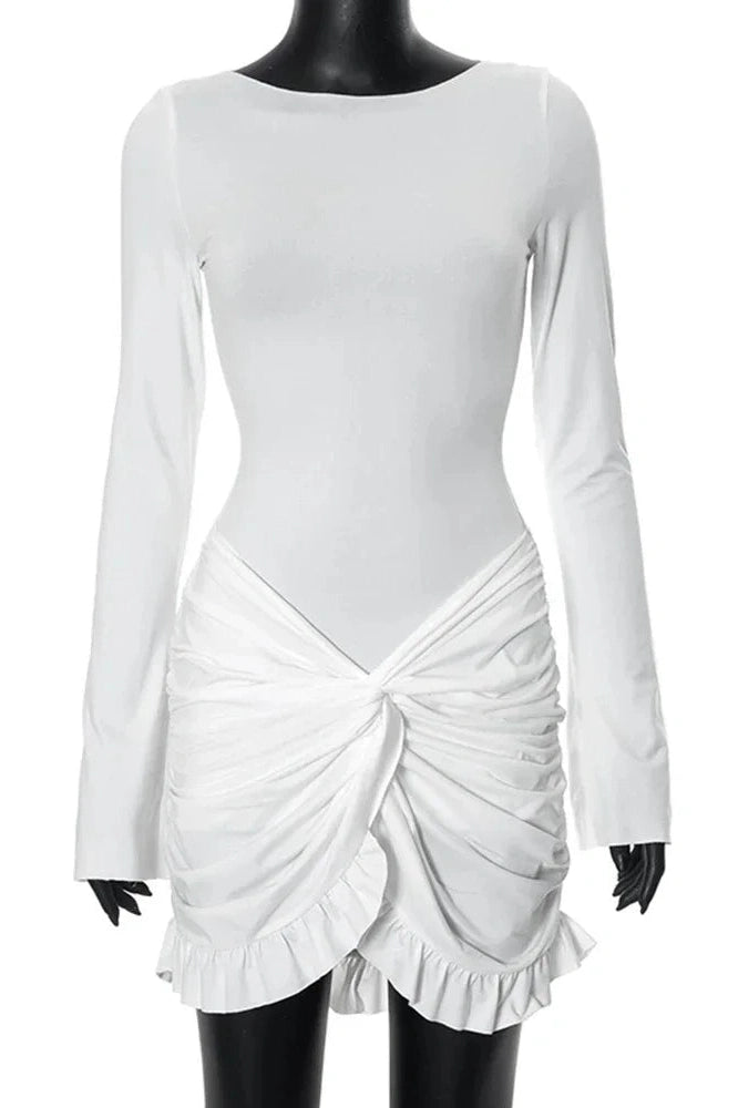 Long Sleeve Wide Neck Ruched Twist Front Ruffle Hem Mini Dress