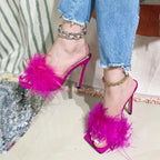 Fluffy Furry Women Slippers with Thin Heels for Summer Parties