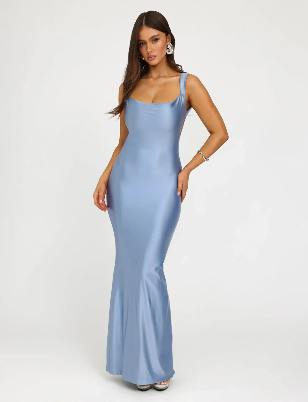 Scoop Neck Wide Strap Seamed Waist Satin Column Maxi Dress