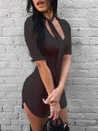 Scoop Neck Tie Choker Short Sleeve Bodycon Mini Dress