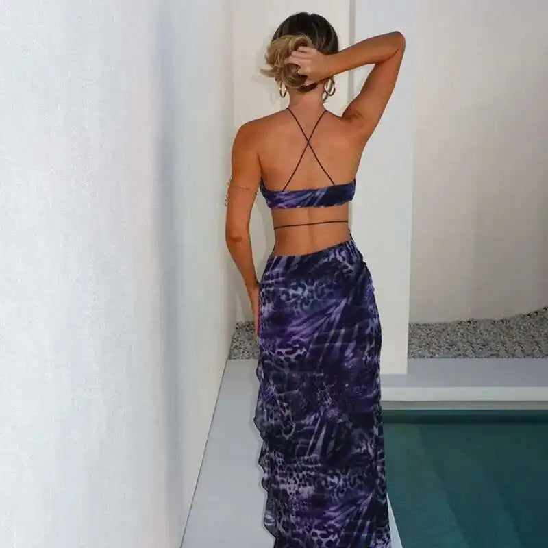 Mixed Print Halter Criss Cross Strap Center Ruffle High Split Maxi Dress